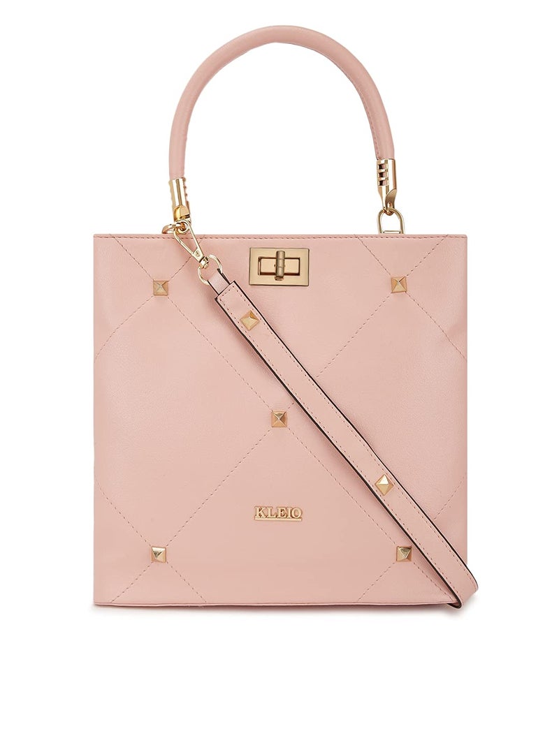 KLEIO Gold Studded Top Handle Handbag for Women - Pink - Image 4